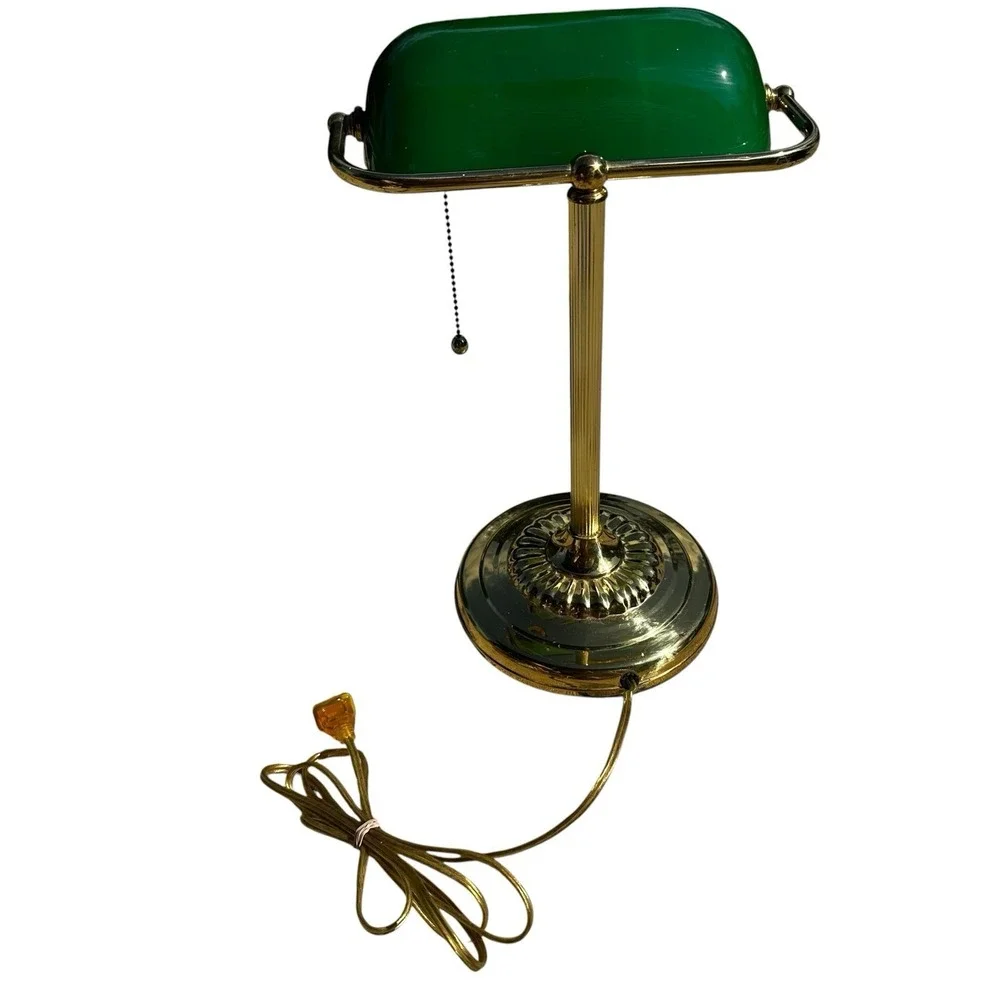 Vintage Brass Bankers Lamp Desk Emerald Green Glass Shade Emeralite 1970s/1980s